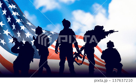 Soldiers stand silhouetted against American flag during Iran USA conflict war 137637210