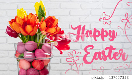 Happy Easter display with flowers and colorful eggs on a white background Happy Easter display with flowers and colorful eggs on a white background 137637338
