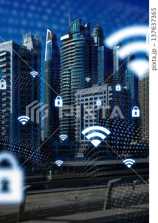 City skyline with technology symbols showing connectivity and security in urban area 137637365