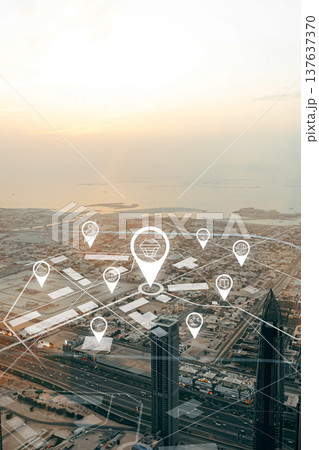 City skyline with location markers showing different shops and services around sunset City skyline with location markers showing different shops and services around sunset 137637370