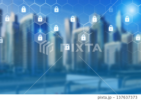 City skyline with digital lock icons showing online security and technology concepts City skyline with digital lock icons showing online security and technology concepts 137637373
