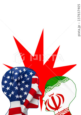 Conflict between Iran and USA shown with flags as symbols of rivalry and tension 137637405