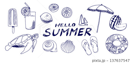 手書きの夏モチーフイラストセット 137637547
