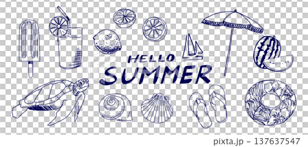 手書きの夏モチーフイラストセット 137637547