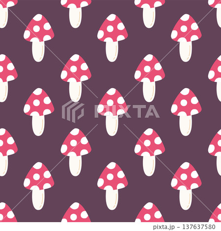 Mushroom seamless pattern. Cute hand drawn toadstool vector illustration. Whimsical forest fungus repeating background for textile, fabric, nursery decor and wrapping design. 137637580