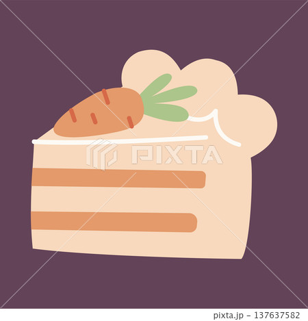 Carrot cake slice. Cute hand drawn easter dessert vector illustration isolated on background. Sweet bakery pastry icon for menu, sticker, packaging and holiday design. 137637582