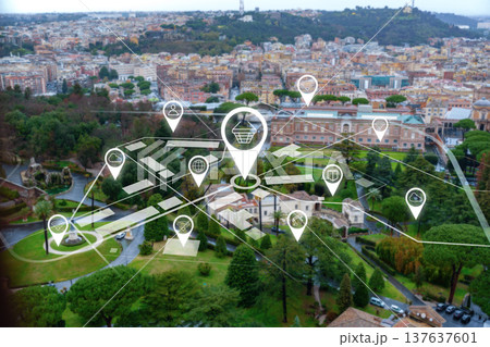 City view with shopping points and landmarks in a green park City view with shopping points and landmarks in a green park 137637601