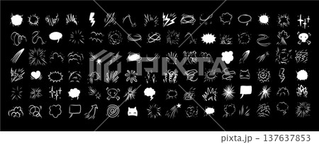 Comic effect manga elements set with white line icons on black background. Glowing doodle bursts clouds, motion 137637853