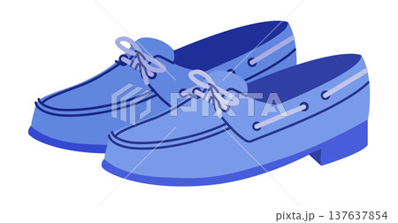Blue boat loafer shoe women flat pair. Lace detail casual deck footwear for travel weekend seaside stroll. Technical  137637854