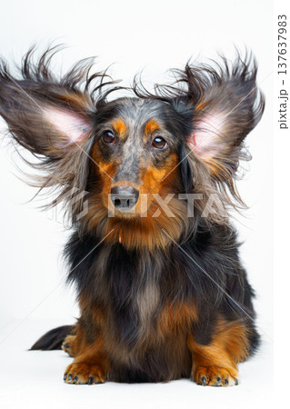 A vertical view of a long-haired dachshund sitting with its ears up and its face looking straight ahead, against a white background, isolated 137637983