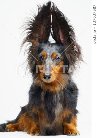 A vertical view of a long-haired dachshund sitting with its ears up and its face looking straight ahead, against a white background, isolated A vertical view of a long-haired dachshund sitting with its ears up and its face looking straight ahead, against a white background, isolated 137637987