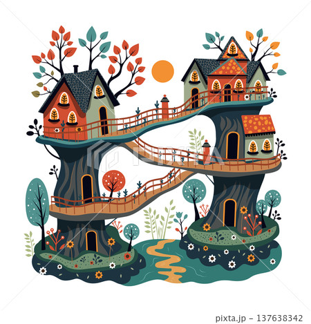 whimsical treehouse village with magical forest houses and winding bridges. Vector illustration whimsical treehouse village with magical forest houses and winding bridges. Vector illustration 137638342