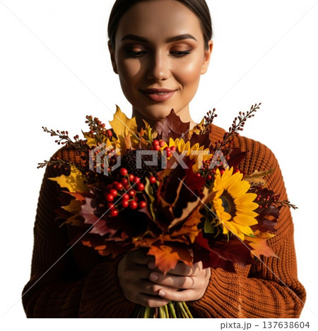 Smiling Woman with Autumn Bouquet in Knit Sweater on White Background 137638604