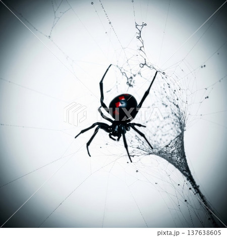 Black Widow Spider on Web Close Up with Red Markings Against a White Background 137638605