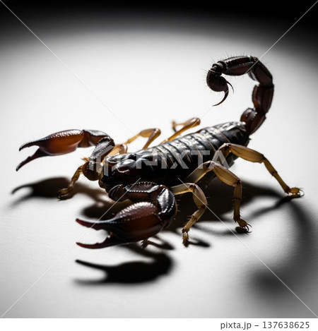 Close Up of a Scorpion with Black Exoskeleton and Sharp Claws on White 137638625