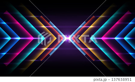 Neon chevron background with futuristic geometric lines and glowing light effects, high energy digital tunnel on a dark symmetric backdrop, modern technology gaming Neon chevron background with futuristic geometric lines and glowing light effects, high energy digital tunnel on a dark symmetric backdrop, modern technology gaming 137638951