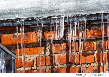 Sharp, brilliant ice spikes hanging from a snowy ledge, reflecting sunshine onto the aged texture of a vibrant orange brick facade Sharp, brilliant ice spikes hanging from a snowy ledge, reflecting sunshine onto the aged texture of a vibrant orange brick facade 137639055