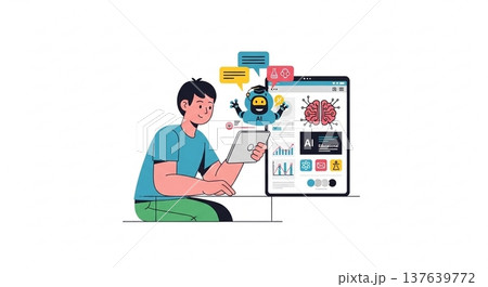 AI教育 タブレットで学習する学生 イラスト 137639772