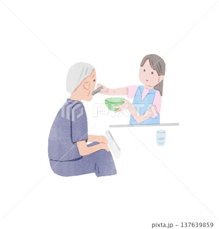 お爺さんの食事をサポートする介護士のイラスト 137639859
