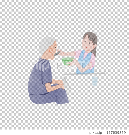 お爺さんの食事をサポートする介護士のイラスト 137639859