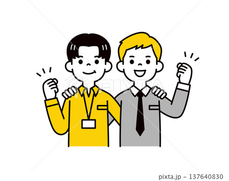 成長する・達成する、肩を組む若い2人の男性社員・ビジネスマンの上半身ベクターイラスト素材 137640830