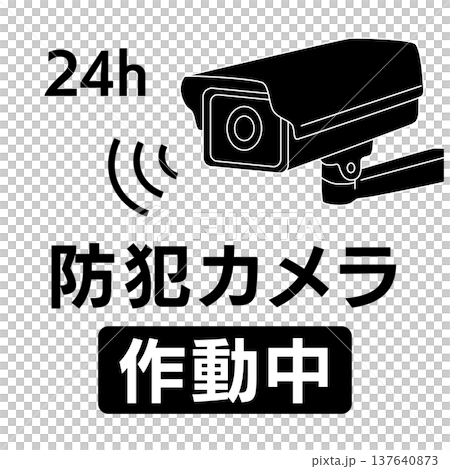 A monochrome icon indicating that the security camera is in operation, and a black and white sign indicating that surveillance is in progress. 137640873