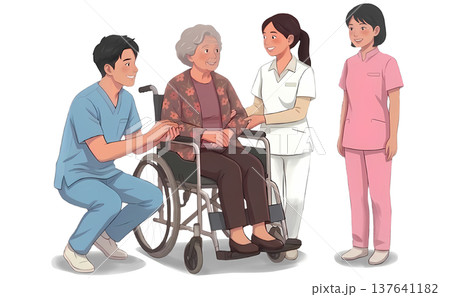 車椅子の高齢女性をサポートする介護士と看護師　介護施設のケアイメージ 137641182