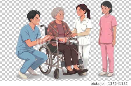 車椅子の高齢女性をサポートする介護士と看護師　介護施設のケアイメージ 137641182