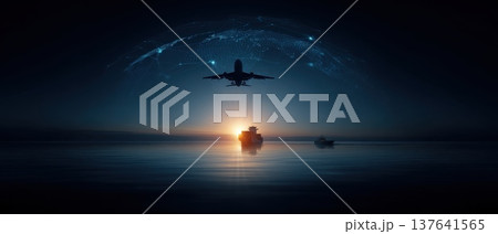 Airplane Flying Above a Luminous Network of Lines in a Twilight Sky Over Water 137641565