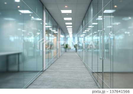 Modern Corporate Office Hallway with Glass Partitions and Bright Illumination Modern Corporate Office Hallway with Glass Partitions and Bright Illumination 137641566