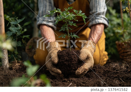 Woman with Hands in Soil Planting Tomato Seedling in Garden with Healthy Sustainable Practices Woman with Hands in Soil Planting Tomato Seedling in Garden with Healthy Sustainable Practices 137641582
