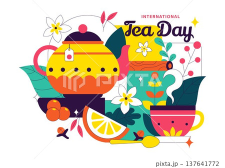 International Tea Day Vector Illustration With Teapot Cup Lemon Honey Herbal Ingredients, Cozy Beverage Celebration Concept, Colorful Drink Design 137641772