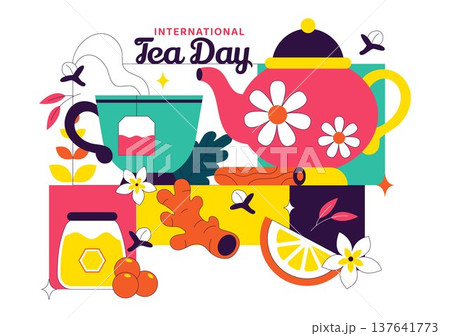 International Tea Day Vector Illustration With Teapot Cup Lemon Honey Herbal Ingredients, Cozy Beverage Celebration Concept, Colorful Drink Design 137641773