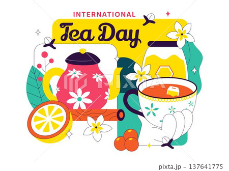 International Tea Day Vector Illustration With Teapot Cup Lemon Honey Herbal Ingredients, Cozy Beverage Celebration Concept, Colorful Drink Design 137641775