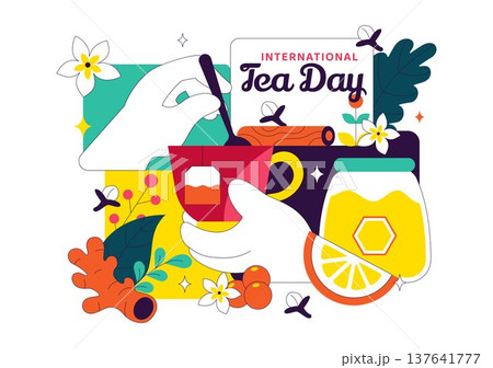 International Tea Day Vector Illustration With Teapot Cup Lemon Honey Herbal Ingredients, Cozy Beverage Celebration Concept, Colorful Drink Design International Tea Day Vector Illustration With Teapot Cup Lemon Honey Herbal Ingredients, Cozy Beverage Celebration Concept, Colorful Drink Design 137641777
