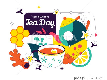International Tea Day Vector Illustration With Teapot Cup Lemon Honey Herbal Ingredients, Cozy Beverage Celebration Concept, Colorful Drink Design 137641780
