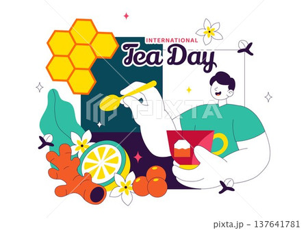 International Tea Day Vector Illustration With Teapot Cup Lemon Honey Herbal Ingredients, Cozy Beverage Celebration Concept, Colorful Drink Design International Tea Day Vector Illustration With Teapot Cup Lemon Honey Herbal Ingredients, Cozy Beverage Celebration Concept, Colorful Drink Design 137641781