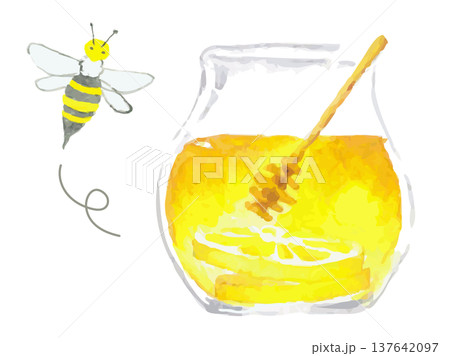 はちみつの瓶と飛ぶミツバチ｜蜂 蜂蜜 ハチミツ 蜂蜜瓶 137642097