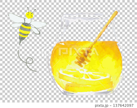 はちみつの瓶と飛ぶミツバチ｜蜂 蜂蜜 ハチミツ 蜂蜜瓶 137642097