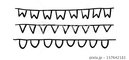 Hand drawn bunting pattern set. Crayon doodled flag garland collection. Kid sketched celebration flag chains and pennons for birthday decoration, footer, banner. Vector drawn party pennon illustration Hand drawn bunting pattern set. Crayon doodled flag garland collection. Kid sketched celebration flag chains and pennons for birthday decoration, footer, banner. Vector drawn party pennon illustration 137642181