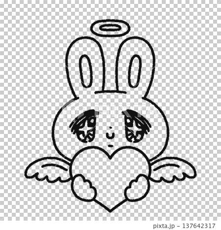 一隻可愛夢幻的天使兔子抱著一顆心(線條描) 一隻可愛夢幻的天使兔子抱著一顆心(線條描) 137642317