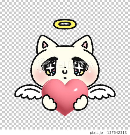 A dreamy, cute angelic cat holding a heart A dreamy, cute angelic cat holding a heart 137642318