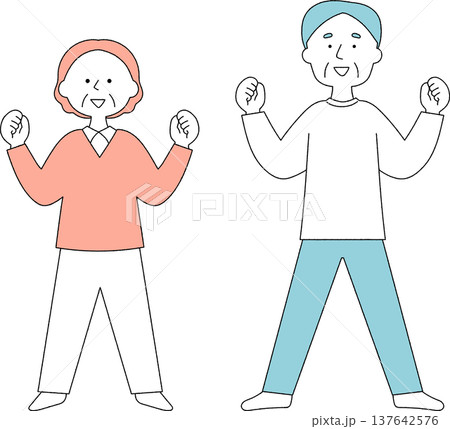 明るく元気なポーズの高齢男女単色 137642576