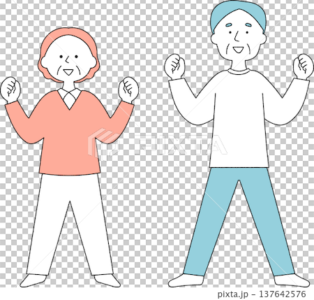 明るく元気なポーズの高齢男女単色 137642576