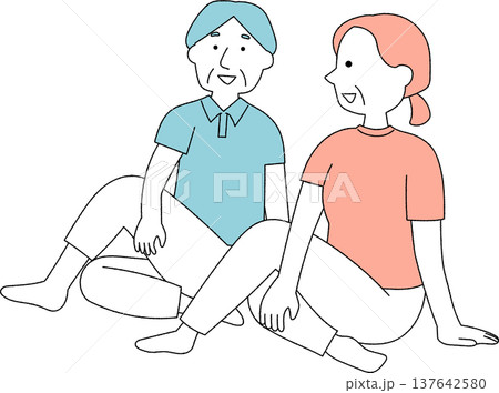 一緒に運動するシニア夫婦のストレッチイラスト単色 一緒に運動するシニア夫婦のストレッチイラスト単色 137642580