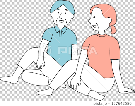 一緒に運動するシニア夫婦のストレッチイラスト単色 一緒に運動するシニア夫婦のストレッチイラスト単色 137642580