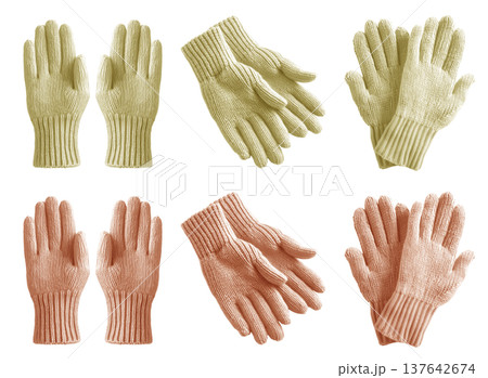2 Set of pastel light yellow orange knit knitted woven wool fleece hand gloves, front and flat lay view on transparent cutout PNG file. Mockup template 137642674