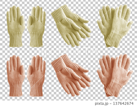 2 Set of pastel light yellow orange knit knitted woven wool fleece hand gloves, front and flat lay view on transparent cutout PNG file. Mockup template 137642674