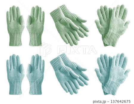 2 Set of pastel green turquoise knit knitted woven wool fleece hand gloves, front and flat lay view on transparent cutout PNG file. Mockup template 137642675