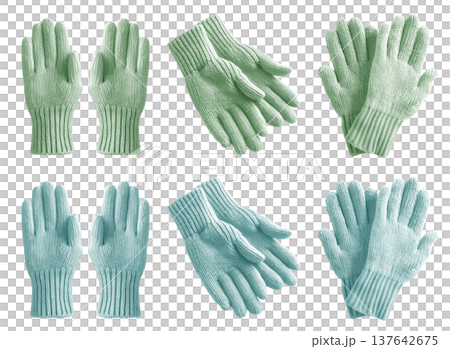 2 Set of pastel green turquoise knit knitted woven wool fleece hand gloves, front and flat lay view on transparent cutout PNG file. Mockup template 137642675